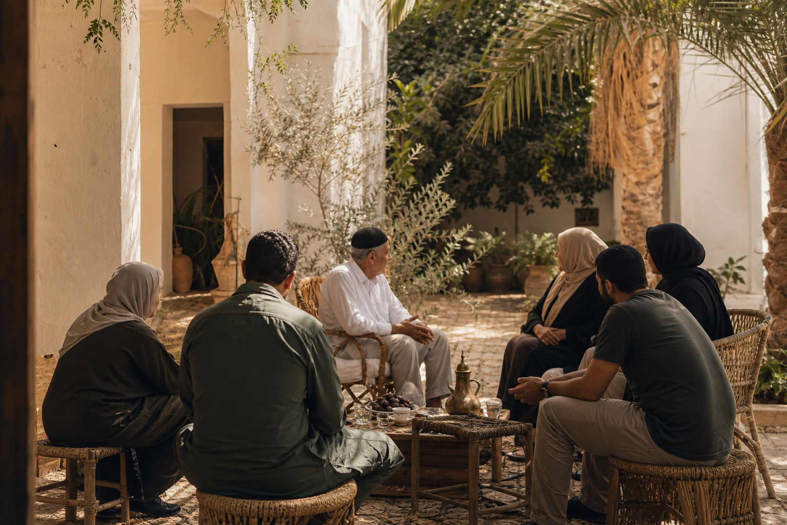 An intergenerational family gathering in a courtyard