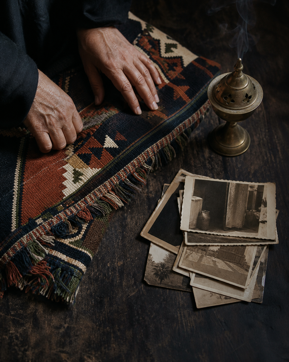 Hands arranging a woven textile and archival photographs