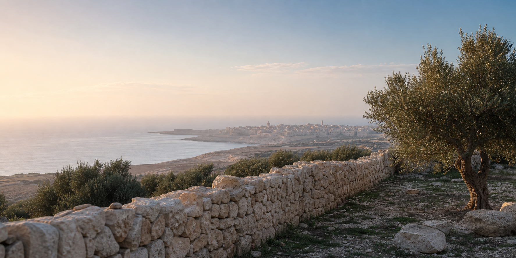 Libyan coast with olive trees at dawn